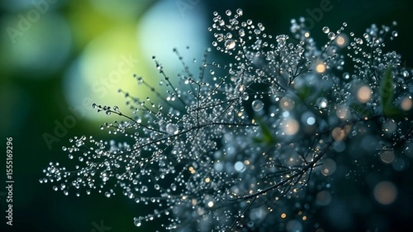 Fototapeta Sparkling rain on a glass window with blue bokeh lights, evoking a magical holiday winter wonderland design