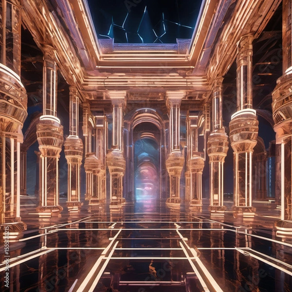 Fototapeta Global Illumination on Marble Techno Palazzo with Projection Mapping Effects