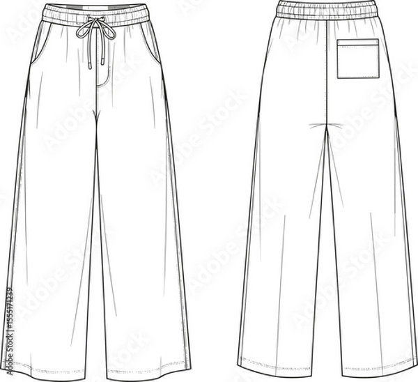 Fototapeta Wide leg pants flat sketch, drawstring waistband trousers CAD, relaxed fit fashion design, elastic waist pant vector, casual bottomwear technical illustration template