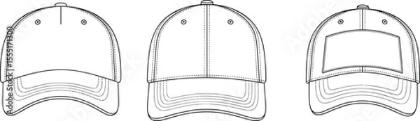 Fototapeta Baseball cap technical sketch, flat vector cap drawing, adjustable hat design, front view templates, embroidered patch cap outline, apparel accessories flat illustration