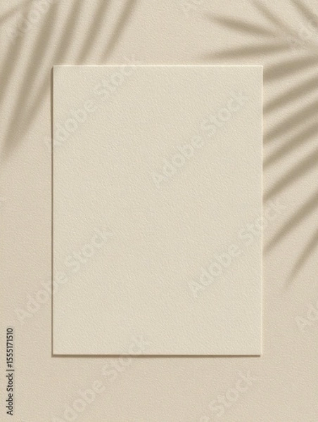 Obraz Top-down view of blank invitation card on textured surface with palm leaf shadows, photography for social media faceless digital content marketing
