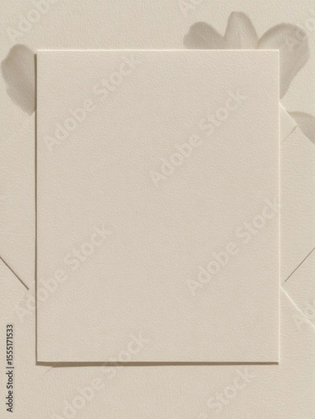 Obraz Top-down view of blank invitation card on textured surface with shadows, photography for social media faceless digital content marketing