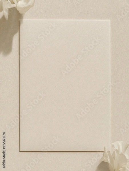 Obraz Top-down view of blank invitation card on textured surface with palm leaf shadows, photography for social media faceless digital content marketing