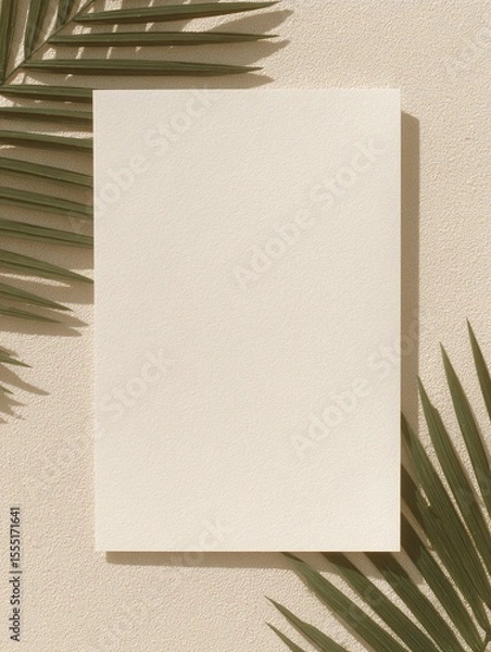 Obraz Top-down view of blank invitation card on textured surface with palm leaf shadows, photography for social media faceless digital content marketing
