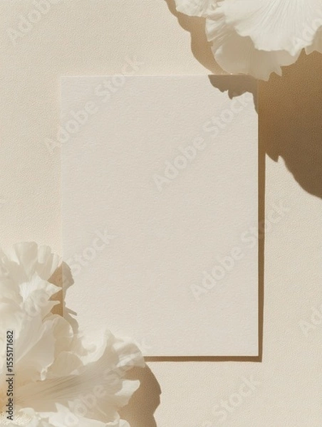 Obraz Top-down view of blank invitation card on textured surface with white flowers photography for social media faceless digital content marketing