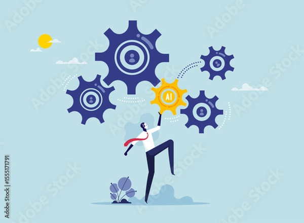 Fototapeta Replace some employees with AI, plan to use tech innovation for some tasks, business transformation, layoff concept, putting new gear with word AI to replace gear of human
