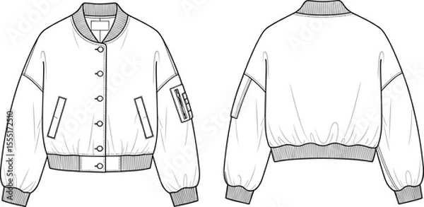 Fototapeta Bomber jacket technical fashion sketch, front and back view, ribbed cuffs and hem, pocket details, flat CAD drawing, vector illustration, garment design, outerwear