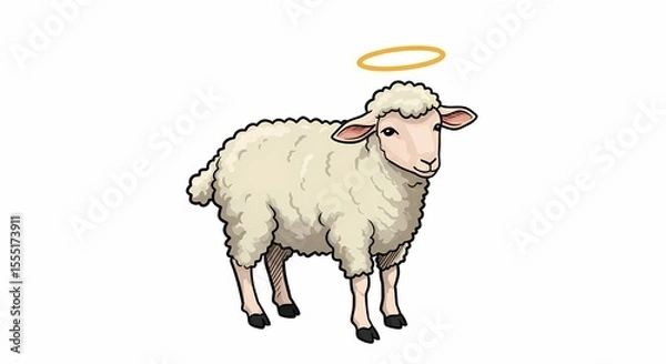 Obraz Cute Cartoon Sheep with Halo Illustrating Innocence and Purity for Children's Content