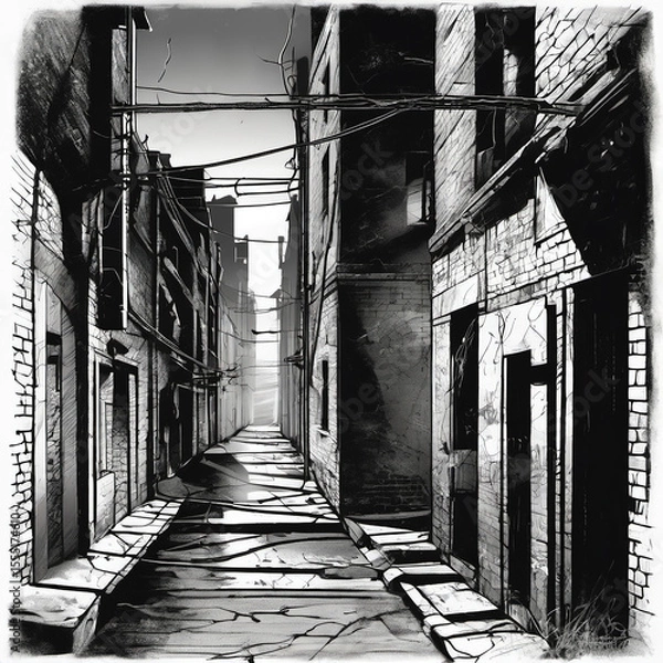 Fototapeta Noir Alleyway with Rim Light in Section Drawing Style