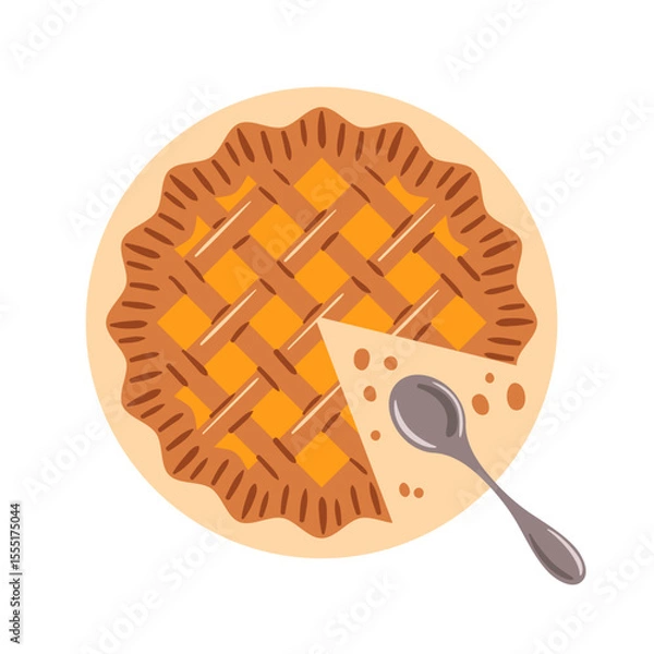 Obraz This vector illustration features a delectable pumpkin pie, perfectly baked and served with a slice alongside a spoon for easy enjoyment. Its warm hues and inviting texture evoke the deliciousness of