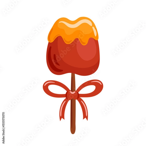 Obraz This vector illustration features a delicious caramel apple on a stick, tied with a bright red bow. The enticing combination of flavors and festive presentation makes it a delightful treat for any