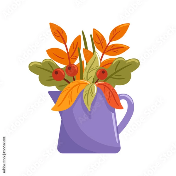 Obraz vector illustration features a beautiful, colorful autumn bouquet showcased in a charming purple jug. Perfect for expressing gratitude, the vibrant blooms add a warm and inviting touch to any setting.