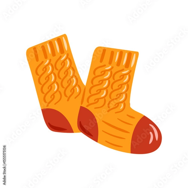 Obraz This vector illustration showcases cozy knitted orange socks accented with bright red details. Ideal for chilly days, they offer warmth and style, making them a perfect accessory for winter fashion.