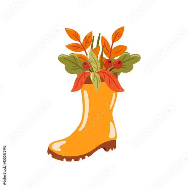 Obraz This vector illustration features a stunning autumn floral arrangement presented in a cheerful orange rubber boot. Perfect for seasonal decor, the vibrant colors bring warmth and charm to any space.
