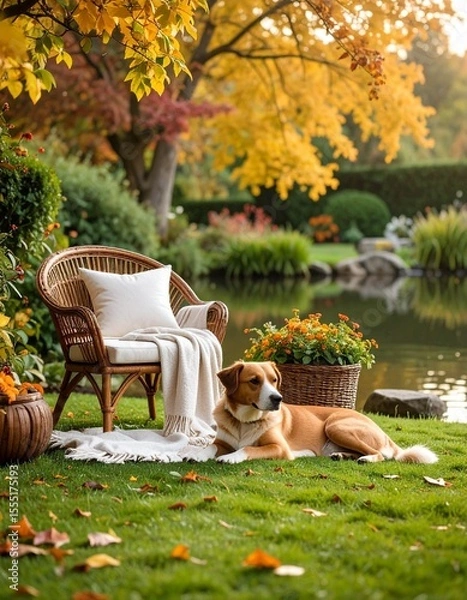 Obraz Dog resting next to an armchair in a peaceful autumn garden with a pond in the background. Tranquil outdoor moment full of warmth and seasonal charm.