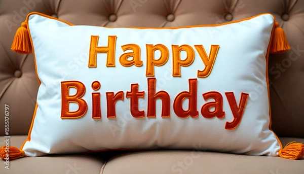 Obraz "Happy Birthday" written in red and orange on a soft cushion, creating a festive and cozy look.

