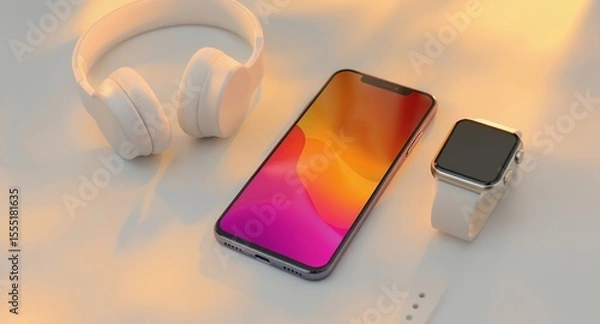 Obraz Wireless Headphones Smartphone and Smartwatch Mockup on White Background