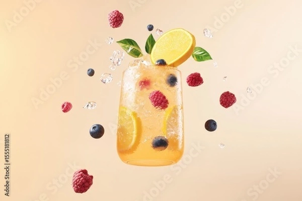 Fototapeta Citrus and Berry Infused Mocktail with Ice Crystals.