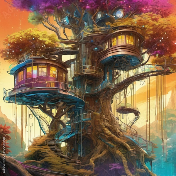 Fototapeta Impressionist Cybernetic Treehouse: Perspective Drawing Art