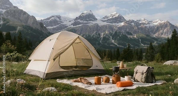 Obraz Camping scene in mountainous landscape with tent and equipment