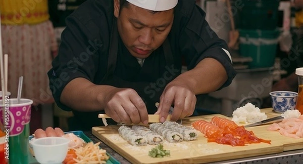 Obraz Chef preparing sushi rolls and sashimi