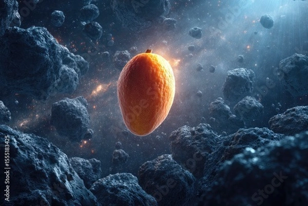 Fototapeta Giant mango floating between asteroids in outer space, surreal proportions, lens flare lighting, cosmic sci-fi theme