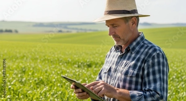 Obraz Farmer using digital tablet in a green field