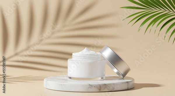 Fototapeta Elegant cosmetic jar with white cream on marble pedestal with botanical shadow
