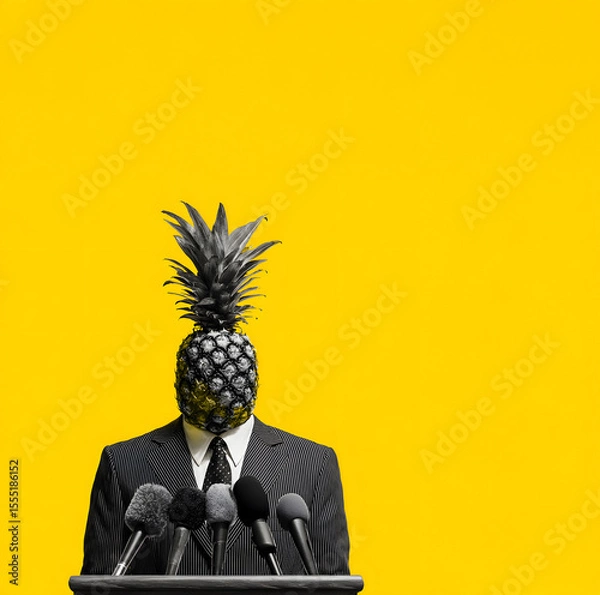 Fototapeta Pineapple politician,  surreal public speech concept . Image of a man in a pinstripe suit standing at a podium with multiple microphones, but with a pineapple instead of a human head.