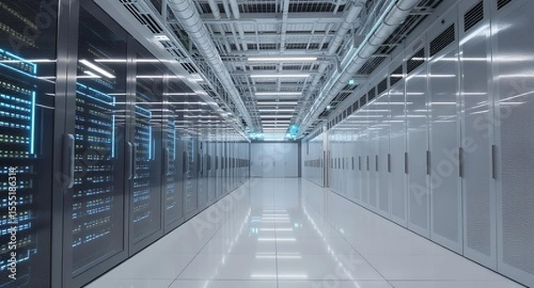 Obraz Inside a modern data center rows of server racks with glowing lights and hightech infrastruct