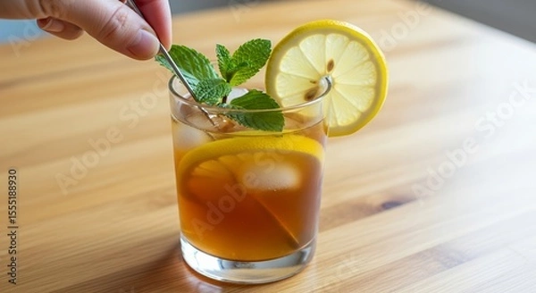 Obraz Refreshing Iced Tea with Lemon and Mint Garnish in Glass