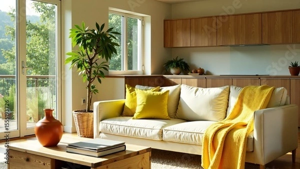 Obraz Bright Living Room with Cozy Sofa and Nature View