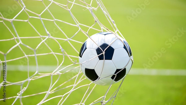 Fototapeta Soccer Ball in Net: Goal!  Triumphant Victory, Close-up, Green Field Background.