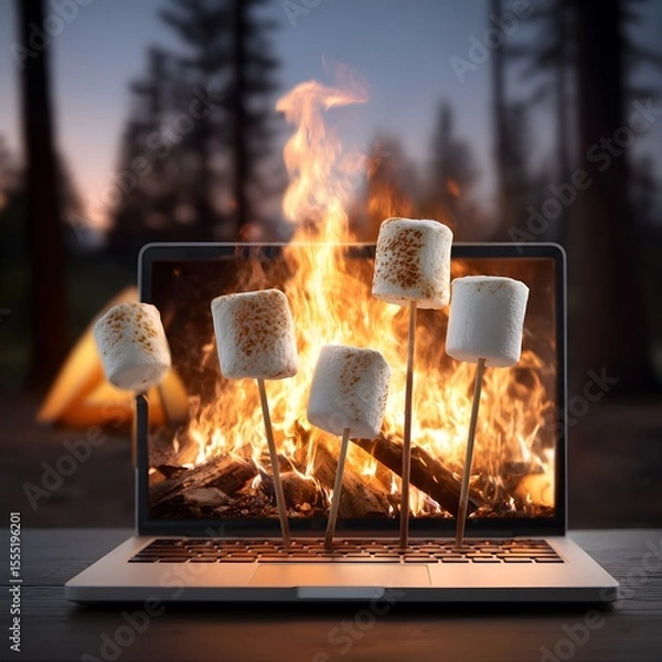 Fototapeta Virtual Campfire – Marshmallows Roasting on Laptop Screen. conceptual Image showing toasted marshmallows held over a laptop screen that displays a roaring campfire in a forest setting.