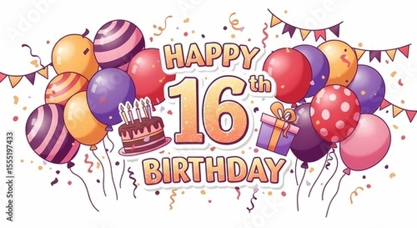 Obraz Colorful Happy 16th Birthday Celebration with Balloons Cake and Gift