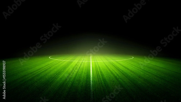 Fototapeta Night Soccer Field: Dramatic Low-Angle View of Luminous Green Grass and Center Circle.