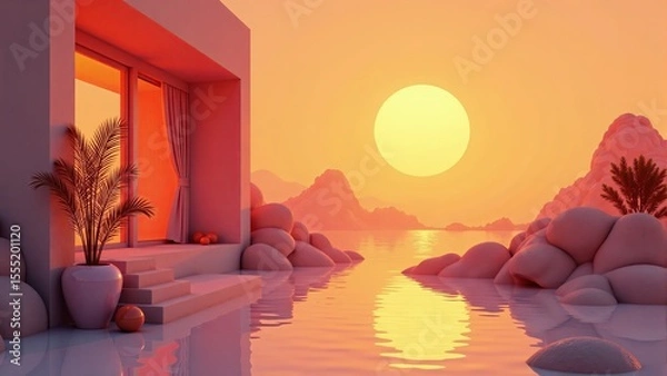 Obraz Serene Surreal Landscape with Modern Architecture