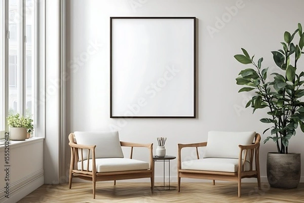 Fototapeta Elegant living room interior showcasing modern chairs and a blank picture frame against a serene wall backdrop.
