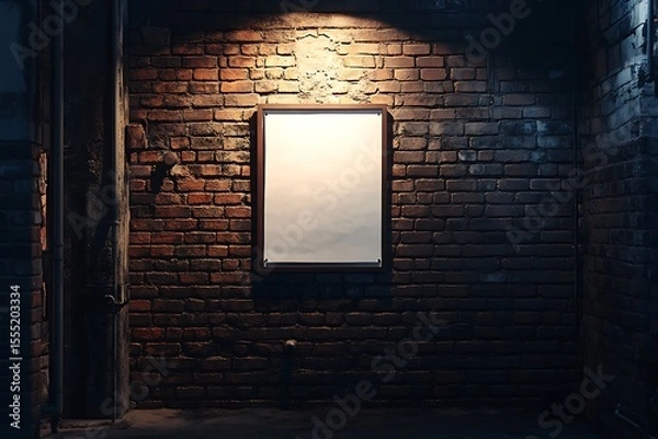 Fototapeta Illuminated empty frame hangs on a brick wall in a shadowy space, creating a captivating urban scene.