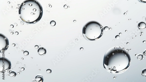 Fototapeta Transparent water drops and glossy bubbles on a white background. Realistic clean illustration perfect for skincare, serum, cosmetic, hydration and beauty design concepts.
