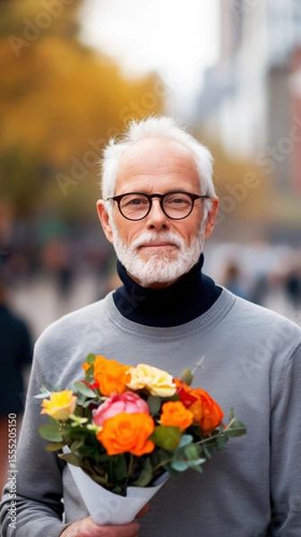 Fototapeta Middle-aged Man Holds Bouquet of Flowers in Bustling Park, Surrounded by Blooming Trees and Joyful People