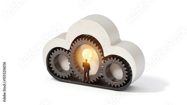Fototapeta Person Standing Under Cloud with Gears and Light Bulb Representing Thought Process and Creative Innovation

