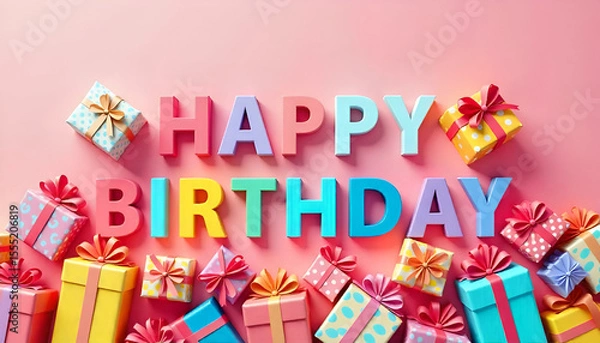 Obraz A cheerful birthday greeting on a pink background with colorful gift boxes, creating a festive and joyful celebration vibe.
