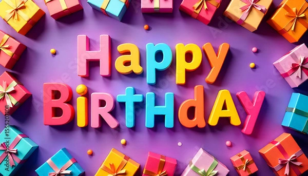 Obraz A cheerful birthday greeting on a purple background with colorful gift boxes, creating a festive and joyful celebration vibe.

