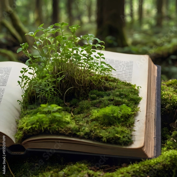 Obraz  Green Plants and Moss Sprouting from Pages