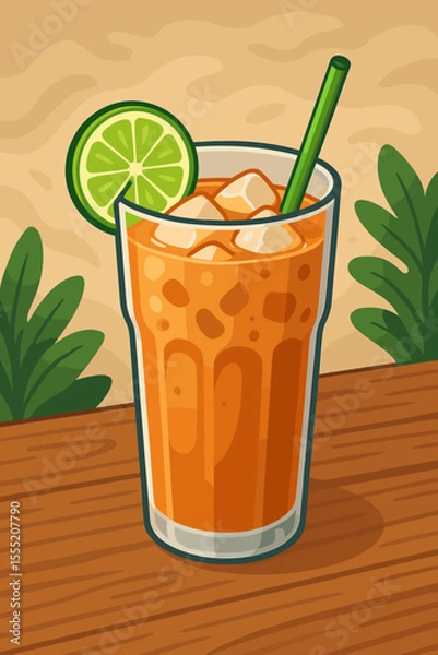 Fototapeta Refreshing iced milk tea with lime slice, ice cubes, and straw on wooden table. Summer beverage concept. Cartoon vector illustration. Cold drink, tropical refreshment, cafe menu design
