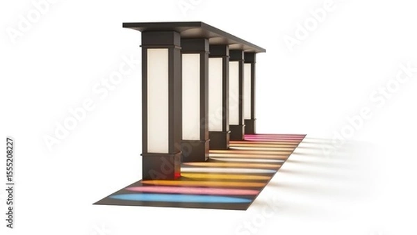 Fototapeta Colorful Gradient Columns in Futuristic Hallway Casting Multicolored Shadows for a Bold Architectural Display
