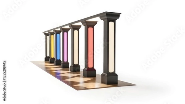 Fototapeta Colorful Gradient Columns in Futuristic Hallway Casting Multicolored Shadows for a Bold Architectural Display
