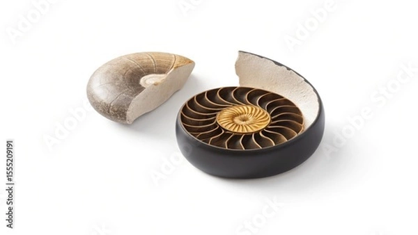 Fototapeta Spiral Ammonite Fossil with Ribbed Patterns and Exposed Chambers Highlighting Ancient Marine Life and Natural History
