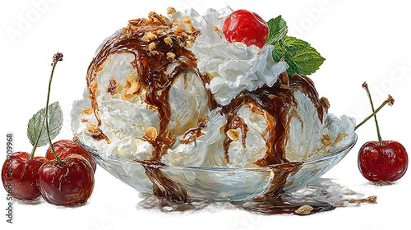 Fototapeta Delicious Ice Cream Sundae with Cherries and Nuts